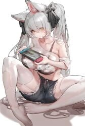 1girls black_bra cat_ears eyebrows_visible_through_hair eyes_visible_through_hair female_focus female_only light-skinned_female light_skin long_hair nintendo_switch playing_videogame ribbon ribbons sapsavana shorts stockings two_side_up very_long_hair white_hair white_stockings xlxiaoluodiaofa yellow_eyes