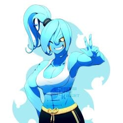 1girls abs athletic_female blue_skin dragon_ball dragon_ball_xenoverse dragon_ball_z eyes_closed female_majin looking_at_viewer majin monster_girl muscular_female navel nephele_(oc) oc original_character ponytail shadowscarknight six_pack smile smiling_at_viewer solo solo_female tentacle_hair yellow_eyes