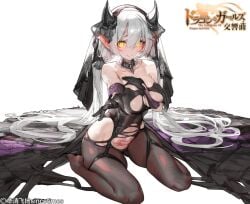 black_armwear garter_belt garter_straps horns kneeling pubic_tattoo stockings very_long_hair white_hair xlxiaoluodiaofa yellow_eyes