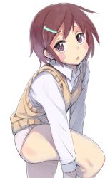 bad_id bad_pixiv_id blush_stickers brown_eyes brown_hair commentary danshi_koukousei_no_nichijou female hair_ornament hairclip hayyan highres no_pants panties ringo-chan_(danshi_koukousei) school_uniform short_hair solo sweater_vest underwear white_panties