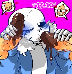 2d 3boys blue_blush blue_jacket blush chocolate chocolate_on_penis fellatio food_play gay grabbing_penis grillby male male_only oral orange_penis penis penis_grab pink_background sans shandrawaka simple_background solid_color_background undertale undertale_(series) wink yaoi