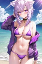 1girls 2022 ai_generated beach big_breasts bikini bikini_bottom bikini_top breasts cleavage hololive looking_at_viewer mogumachine nai_diffusion nekomata_okayu outdoors outside purple_bikini purple_bikini_bottom purple_bikini_top purple_eyes purple_hair sand sea seaside solo stable_diffusion swimwear virtual_youtuber