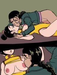 2girls ass black_eyes black_hair blue_eyes bottomless braided_hair breast_sucking chichi closed_eyes dragon_ball dragon_ball_gt dragon_ball_z hair_bun half-closed_eyes half_naked hand_holding hips kissing lesbian_kiss looking_at_partner milf mother-in-law_and_daughter-in-law multiple_girls ohudraws on_back ripped_clothing saliva_trail thick_thighs time_paradox tongue_kiss tongue_out videl videl_(gt_saga) yuri