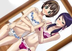 2boys blue_frill_(artist) blush crossdressing embarrassed femboy hand_on_shoulder lace-trimmed_panties male male_only mirror mirror_reflection multiple_boys otokonoko reflection smile tagme trap underwear underwear_only white_underwear