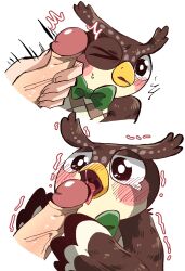 2boys animal_crossing avian beak blathers_(animal_crossing) blush bow bowtie brown_feathers fellatio furry gay green_bowtie interspecies licking_penis male male_only nintendo oral owl shandrawaka tears wink yaoi