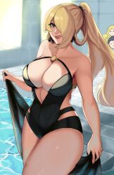 blonde_hair breasts cynthia_(pokemon) female female_only hair_over_one_eye nintendo pokemon ponytail puzzled_artist solo swimsuit tagme