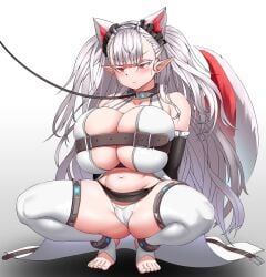 absurdres animal_ears belt belt_bra breasts cho!cho! cosplay draculina_(last_origin) fake_animal_ears fenrir_(last_origin) fenrir_(last_origin)_(cosplay) highres huge_breasts last_origin panties pointy_ears red_eyes squatting tail thighhighs underwear white_hair wolf_ears wolf_tail