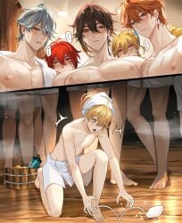 6boys abs aether_(genshin_impact) alhaitham_(genshin_impact) blush breasts childe_(genshin_impact) diluc_(genshin_impact) dropped_soap dropping_soap gangbang gay genshin_impact group imminent_sex kaveh_(genshin_impact) male male_only muscular muscular_male pecs pnk_crow sauna shower soap sweat sweating tartaglia_(genshin_impact) towel wet wet_skin yaoi zhongli_(genshin_impact)