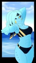 1girls abs athletic_female bare_shoulders belly_button bikini blue_skin dragon_ball dragon_ball_xenoverse dragon_ball_z female_majin majin monster_girl muscular_female navel nephele_(oc) oc original_character shadowscarknight six_pack solo solo_female yellow_eyes