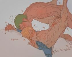 2boys anal anal_sex blonde_hair cum cum_while_penetrated elevated_hips gay green_hair male male/male male_only one_piece penis roronoa_zoro sanji spread_legs vinsmoke_sanji yaoi ynnn_m