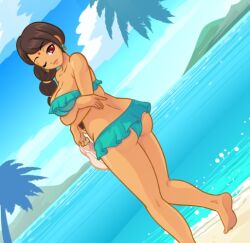 1girls ass beach brown_hair crush_crush female karma_(crush_crush) sad_panda_studios solo solo_female wink