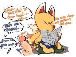 2boys animal_crossing anthro closed_eyes crazy_redd distracted english_text fox furry handjob interspecies male male_only newspaper nintendo reading_newspaper shandrawaka veiny_penis