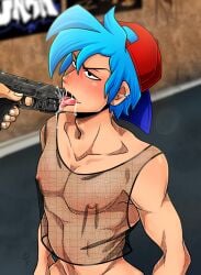 blue_hair boyfriend_(friday_night_funkin) drool drooling ear_piercing earrings fishnet fishnet_shirt fnf friday_night_funkin gay gun gun_play gunplay gunpoint improper_gun_saftey improper_handing_of_a_firearm male male_only oukamocha partially_clothed pico_(newgrounds) theyaoiking tongue tongue_out yaoi