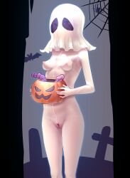 breasts bucket bug commentary dildo female ghost_mask grave halloween halloween_bucket halloween_costume highres holding holding_bucket mask nipples nude original pussy sex_toy silk small_breasts solo spider spider_web standing yamada_(gotyui)