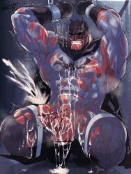 balls bara batman batman_(series) big_balls big_penis boner censored_penis chained_legs chained_wrists closed_eyes cum cum_on_body dc dc_comics erection hairy male male_only muscles muscular musk orgasm oyatu55k penis ripped_clothing solo solo_male spread_legs squatting superhero sweaty writing_on_body