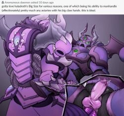 2boys anal_sex armor back back_view chaos_(warhammer) chaos_space_marine cum cumshot english_text gay gay_sex lewdbees_(artist) masked masked_male monster_boy penis penis_out power_armor size_difference slaanesh text warhammer_(franchise) warhammer_40k