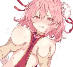 1other blush breast_grab breasts bun_cover double_bun female flower grabbing hair_bun ibaraki_kasen kasen_ibaraki large_breasts looking_at_viewer nipples open_mouth paragasu_(parags112) pink_flower pink_hair pink_rose red_eyes rose short_hair simple_background solo_focus tabard touhou upper_body white_background