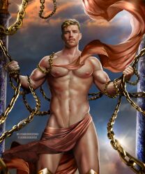 1boy actor carlos_gzz caucasian caucasian_male celebrity chains covering_crotch greek_mythology looking_at_viewer male male_only muscles muscular muscular_male prometheus_(mythology) real_person solo solo_male zane_phillips