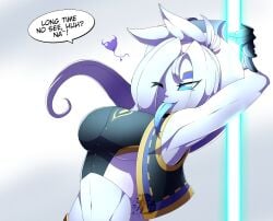 1girls abs athletic_female belly_button blue_eyes dialogue dragon_ball dragon_ball_z jujubi navel oc original_character pole_dancing seductive seductive_smile shadowscarknight solo solo_female stupidsexyknite tongue_out tuffle