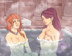 2girls arms_down bathhouse bathing braided_hair breasts closed_eyes commission commissioner_upload earrings face_markings female female_only fire_emblem fire_emblem:_three_houses ginger hand_on_own_chest leonie_pinelli long_hair medium_breasts multiple_girls necklace nintendo nipples nude nude_female one_eye_closed orange_eyes orange_hair petra_macneary ponytail post-timeskip purple_hair steam tattoo towel water watermark xemoness