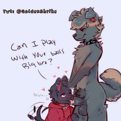 2boys adults balls begging big_brother blowjob brat brother brothers canine drooling english_text furry gay goldenshrike heart-shaped_pupils height_difference horny humanoid_penis licking male male/male male_only multiple_boys older_brother saliva size_difference tail_wagging text tongue_out