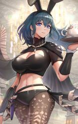 1girls alternate_costume animal_ears black_hair blue_eyes breasts bunny_ears bunny_girl bunnysuit byleth_(fire_emblem) byleth_(fire_emblem)_(female) cape cleavage cleavage_cutout clothing_cutout dagger fake_animal_ears female female_only fire_emblem fire_emblem:_three_houses from_below gonzarez highres holding holding_tray jewelry knife large_breasts leggings lips long_hair navel necklace nintendo pantyhose rabbit_ears revision solo tea_set tray weapon