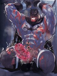 balls bara batman batman_(series) big_balls big_penis boner censored_penis chained_legs chained_wrists dc dc_comics erection hairy male male_only muscles muscular musk oyatu55k penetration penis ripped_clothing solo solo_male spread_legs squatting superhero sweaty writing_on_body