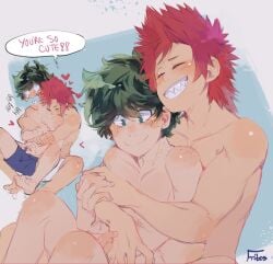 2boys eijirou_kirishima embarrassed embrace english_text freckles green_eyes green_hair happy heart holding_hands hugging hugging_from_behind izuku_midoriya kissing_shoulder male male_only muscular my_hero_academia red_hair sharp_teeth shirtless shirtless_(male) shoulder_kiss shounen_ai text tickling yaoi