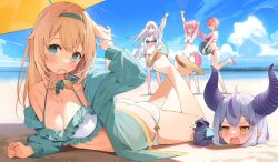 5girls ahoge anger_vein animal_ears ass_cleavage bangs bare_legs beach bikini black_bikini blonde_hair blue_eyes blue_hairband blue_jacket blue_sky braid breasts buried butt_crack cleavage cloud crossed_ankles crow_(la+_darknesss) day demon_horns feet flip-flops frilled_bikini frills grey_hair hair_tie_in_mouth hairband hakui_koyori hana_mori hololive hololive_japan holox horns jacket kazama_iroha la+_darknesss large_breasts legs long_hair lying medium_breasts mouth_hold multicolored_hair multiple_girls on_stomach open_clothes open_jacket open_mouth outdoors pink_hair ponytail purple_hair sakamata_chloe sandals short_hair sky standing strapless strapless_bikini streaked_hair swimsuit tail takane_lui the_pose virtual_youtuber white_bikini yellow_eyes