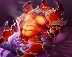 2boys armor bara chaos_(warhammer) chaos_space_marine cuntboy eating_pussy horns intersex lewdbees_(artist) masked_male monster_boy muscular muscular_male power_armor tongue tongue_out warhammer_(franchise) warhammer_40k