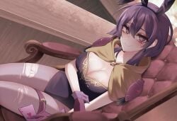 1girls ace_of_hearts adapted_costume alternate_costume animal_ears bangs bernadetta_von_varley breasts bunny_ears bunny_girl bunnysuit card chair cleavage commentary dutch_angle eine_(eine_dx) english_commentary eyeshadow fake_animal_ears female female_only fire_emblem fire_emblem:_three_houses gloves hair_between_eyes heart highres holding holding_card large_breasts leotard looking_at_viewer makeup nintendo pantyhose post-timeskip purple_eyes purple_gloves purple_hair purple_leotard rabbit_ears short_hair sitting smile solo strapless strapless_leotard thighs torn_clothes torn_pantyhose wrist_cuffs