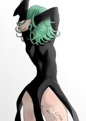 1girls alternate_version_available arrow ass ass_focus back back_view big_ass black_dress clothing dress female female_only green_hair hair one-punch_man pelvic_curtain redi_(rasec_asdjh) short_hair solo solo_female tatsumaki thighs writing writing_on_body writing_on_thigh