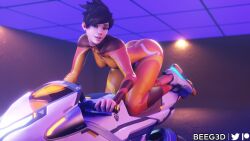 3d ass beeg3d bike bodysuit brown_hair clothed clothing female female_only footwear human jumpsuit leggings light-skinned_female motorcycle overwatch overwatch_2 pale_skin skin_tight skinsuit smile smiling smiling_at_viewer solo solo_female tracer vehicle