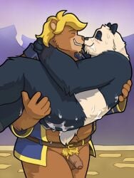 absurd_res accessory anthro ass balls bear belt black_body black_fur blonde_hair blush blush_lines bodily_fluids bottomless bridal_carry brown_bear brown_body brown_fur carrying chin_tuft closed_eyes clothed clothing cock_ring cum cum_drip cum_from_ass cum_in_ass cum_inside cum_on_back cum_on_butt cum_on_face cum_on_leg dripping duo exposed eyebrows facial_markings facial_tuft flaccid foreskin fur furry_tail genital_fluids genitals giant_panda hair head_markings head_tuft hi_res holding_each_other humanoid_hands jacket jewelry long_sleeves male male/male mammal markings neck_grab nose_to_nose nude nuzzling outside overweight overweight_male partially_clothed partially_retracted_foreskin pawpads penis penis_accessory penis_jewelry pubes public quasarbearcat rogue short_tail sky smile standing sweat sweatdrop tail teeth topwear tuft ursine walking white_body white_fur white_tail