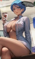 1girls areola_slip big_breasts blue_eyes blue_hair bottomless breasts bulma_briefs coffee_cup crossed_legs dragon_ball dragon_ball_super english_text female light_skinned_female nipples office_lady open_shirt shexyo short_hair sitting solo thick_thighs wet_pussy