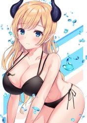 1girls 2020 all_fours bat_tattoo bikini black_bikini blonde_hair blue_eyes blurry breast_tattoo breasts cleavage closed_mouth collarbone demon_horns depth_of_field diagonal_stripes halterneck highres hololive hololive_gen_2 hololive_japan horns huge_breasts long_hair looking_at_viewer mikoto_paint navel pointy_ears side-tie_bikini_bottom solo striped striped_background succubus swimsuit tattoo thighs virtual_youtuber water_drop white_background winged_heart yuzuki_choco