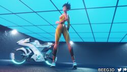 3d ass beeg3d bike bodysuit brown_hair clothed clothing female female_only footwear human jumpsuit leggings light-skinned_female motorcycle overwatch pale_skin skin_tight skinsuit smile smiling smiling_at_viewer solo solo_female tracer vehicle