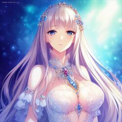 ai_generated big_breasts crown female jewelry lace oc original_character princess royalty ruffles see-through_clothing shoulderless_dress