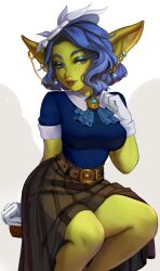 1girls absurd_res blizzard_entertainment blue_eyebrows blue_eyes blue_eyeshadow blue_hair clothed clothing ear_chain earrings female female_only flower flower_in_hair gloves goblin goblin_(warcraft) goblin_female green-skinned_female green_skin humanoid_pointy_ears jewelry lizzie_(zaro3d) long_skirt looking_at_viewer maewix1 makeup medium_hair narrowed_eyes pointy_ears sitting sitting_on_chair skirt sleeves_rolled_up solo voluptuous warcraft white_background white_gloves world_of_warcraft