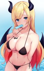 1girls 2021 bikini black_bikini blonde_hair breasts demon_girl demon_horns demon_wings female food food_in_mouth green_eyes halterneck hand_on_own_chest highres hololive hololive_gen_2 hololive_japan horns large_breasts mikoto_paint multicolored_clothes navel popsicle popsicle_in_mouth side-tie_bikini_bottom solo string_bikini succubus swimsuit thigh_gap thighs virtual_youtuber wings yuzuki_choco