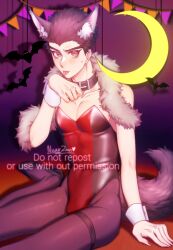 blush cleavage collar crossdressing danganronpa danganronpa:_trigger_happy_havoc embarrassed fur_collar garter halloween high_heels inner_ear_fluff kiyotaka_ishimaru leotard male male_only nearzan pantyhose sharp_claws sharp_fingernails sitting solo straight_hair sweatdrop thick_eyebrows thigh_strap tongue_out very_short_hair wolf_boy wolf_ears wolf_tail wrist_cuffs