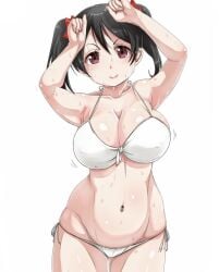 armpits arms_up ass_visible_through_thighs belly belly_button big_breasts bikini black_hair blush breasts hair_ribbons hi_res highres hips huge_breasts kntrs_(knyrs) legs looking_at_viewer love_live! love_live!_school_idol_project plump red_eyes sweat tagme thick thick_hips thick_thighs waist white_bikini yazawa_nico