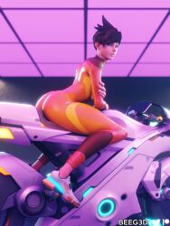 3d ass beeg3d bike bodysuit brown_hair clothed clothing female female_only footwear human jumpsuit leggings light-skinned_female motorcycle overwatch overwatch_2 pale_skin skin_tight skinsuit smile smiling smiling_at_viewer solo solo_female tracer vehicle