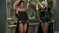 2girls 3d 3d_(artwork) banap big_breasts blender blender_(software) bottomless ciri dress dress_lift empress_ciri female female_only green_eyes hazel_eyes lifting_skirt no_panties no_sex pale_skin presenting_pussy pussy red_hair smile smiling smiling_at_viewer teasing teasing_viewer the_witcher_(series) the_witcher_3:_wild_hunt triss_merigold white_hair