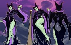 1girls back_view disney disney_villains dragon_horns drgnpnch female female_only green_skin hi_res horns legs looking_at_viewer maleficent sleeping_beauty_(1959_film) solo staff thediepod viewed_from_below