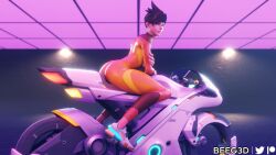 3d ass beeg3d bike bodysuit brown_hair clothed clothing female female_only footwear human jumpsuit leggings light-skinned_female motorcycle overwatch pale_skin short_hair skin_tight skinsuit smile smiling smiling_at_viewer solo solo_female thick_thighs tight_clothing tracer vehicle