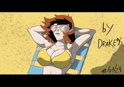 1girls alternate_breast_size avengers beach big_breasts bikini cleavage drake95 edit female female_only heart-shaped_sunglasses huge_breasts janet_van_dyne marvel marvel_comics screenshot screenshot_edit solo sunbathing sunglasses the_avengers:_earth's_mightiest_heroes yellow_bikini