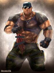 1boy balls bar_censor bara baseball_cap boner censor_bar censored censored_genitalia censored_penis clark_still erection fingerless_gloves gay ikari_warriors king_of_fighters male male_focus male_only muscles muscular musk open_fly oyatu55k penis penis_out shirt_up snk solo solo_male sunglasses sweaty video_games