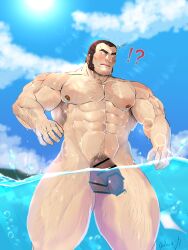 balls bar_censor bara blush censor_bar censored censored_genitalia censored_penis censored_testicles hairy king_of_fighters male male_only maxima_(kof) muscles muscular nude oyatu55k partially_submerged penis solo solo_male water