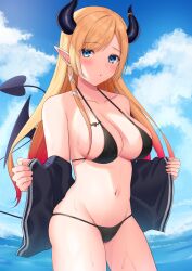 1girls 2022 :o aqua_eyes bikini black_bikini black_horns black_tail black_wings blonde_hair blue_sky blush breast_tattoo breasts cloud colored_tips cowboy_shot demon_girl demon_horns demon_tail demon_wings gradient_hair highres hololive hololive_gen_2 hololive_japan horns large_breasts long_hair looking_at_viewer mikoto_paint multicolored_hair navel ocean off_shoulder outdoors parted_lips pointy_ears red_eyes sky solo stomach succubus swimsuit tail tattoo virtual_youtuber water wet wide_sleeves wings yuzuki_choco